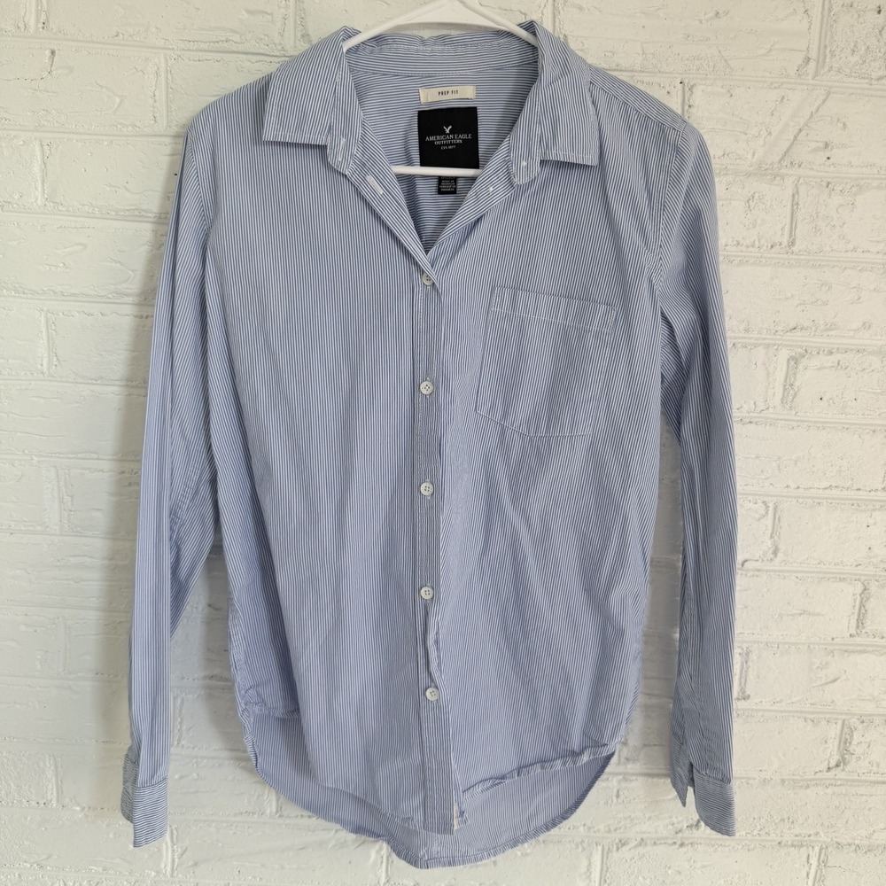 American Eagle Shirt Prep Fit Blue Striped Button Up‎ Long Sleeve Mens Size XS
